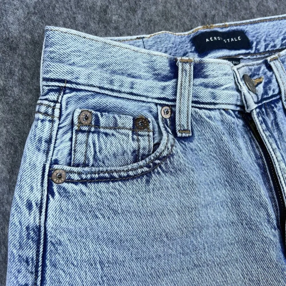 Aeropostale Women's High Rise Baggy Jeans Light Wash Denim Distressed Size 0 R